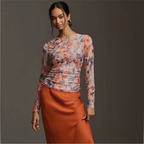 By Anthropologie Long-Sleeve Crossover Mesh Top Size Medium - Picture 1 of 9